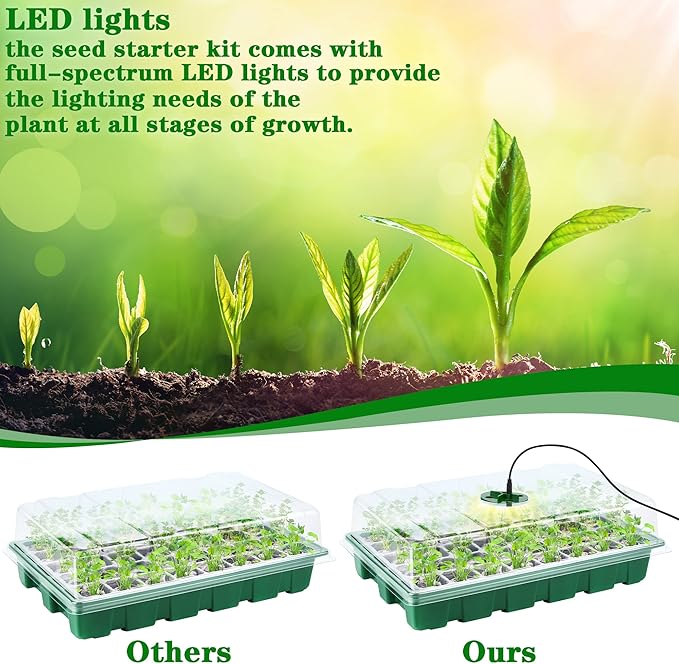 3 Pack Seed Starter Tray Kit with Grow Light Germination Trays with Humidity Dome, 120 Peat Pellets, Gardening Tools, Plant Labels, Plant Growing Trays for Seeds Growing Starting, Green