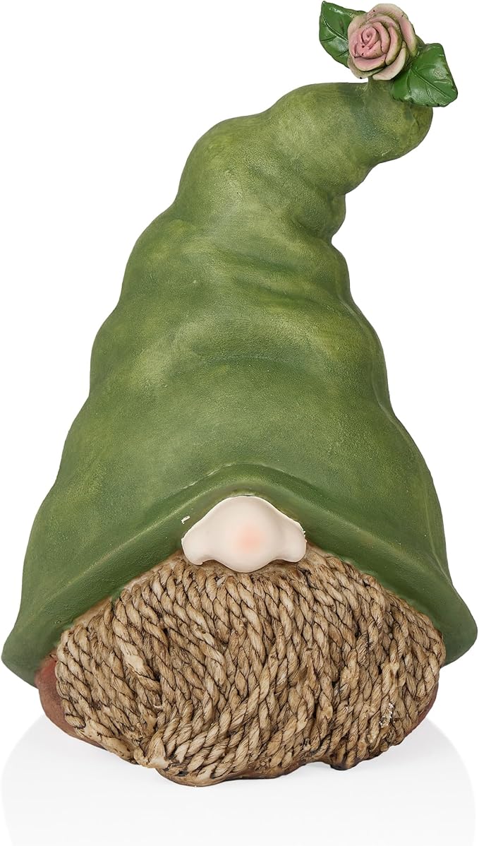 Alpine Corporation QWR1440 Gnome Head with Sculpted Rope Beard and Flower on Hat, Playful Décor for Garden & Patio, 10" H, Green