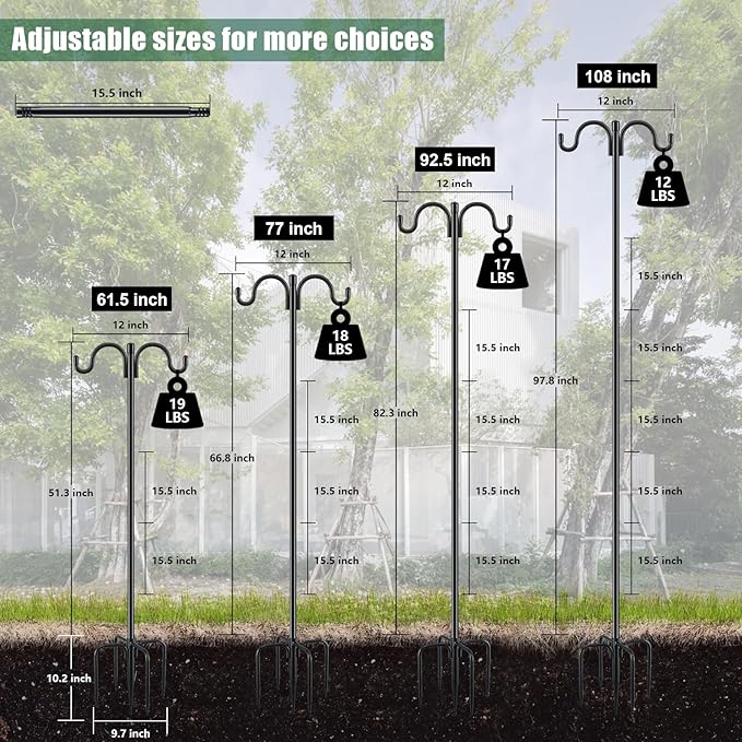 Gtongoko Double Shepherds Hook for Outdoor, 2 Pack 92.5 Inch Heavy Duty Bird Feeder Pole 3/4 Inch Thick Garden Hooks for Hanging Hummingbird Feeder, Plant Baskets, Solar Light Lanterns