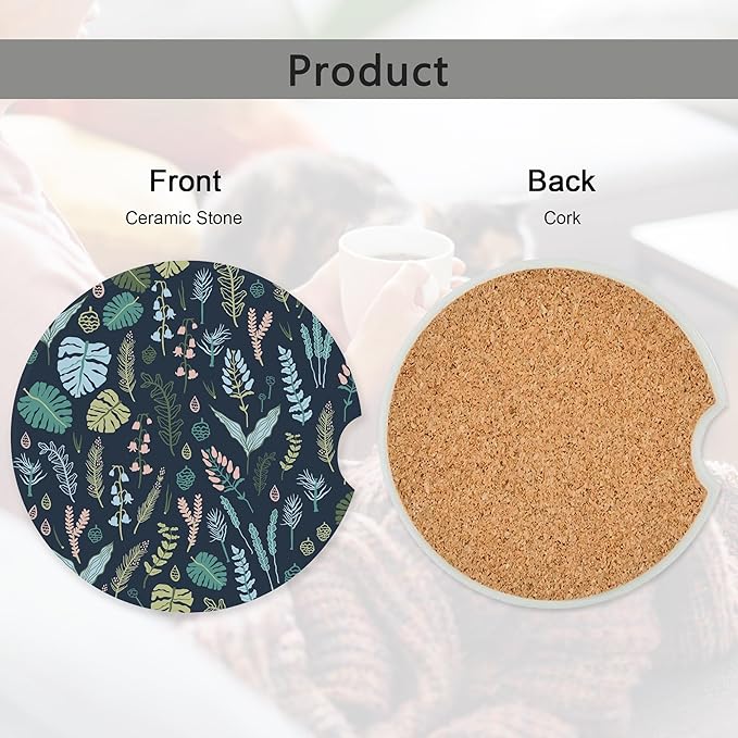 Forest Plants Leaves Seeds Car Coasters,Ceramic Absorbent Cup Holders with Finger Notch & Cork Base Car Assecories for Women/Men 2.6"(2 Pieces)