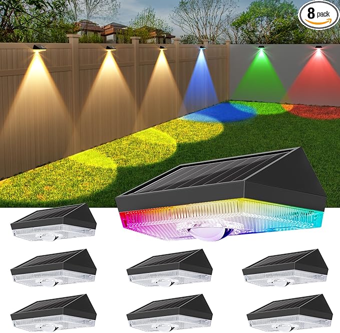 Ellasay Solar Fence Lights Outdoor: 10 Lighting Modes with RGB Solar Powered Deck Light - Waterproof IP65 - Led Lens Wall Decor for Garden Patio Backyard Porch 8 Pack