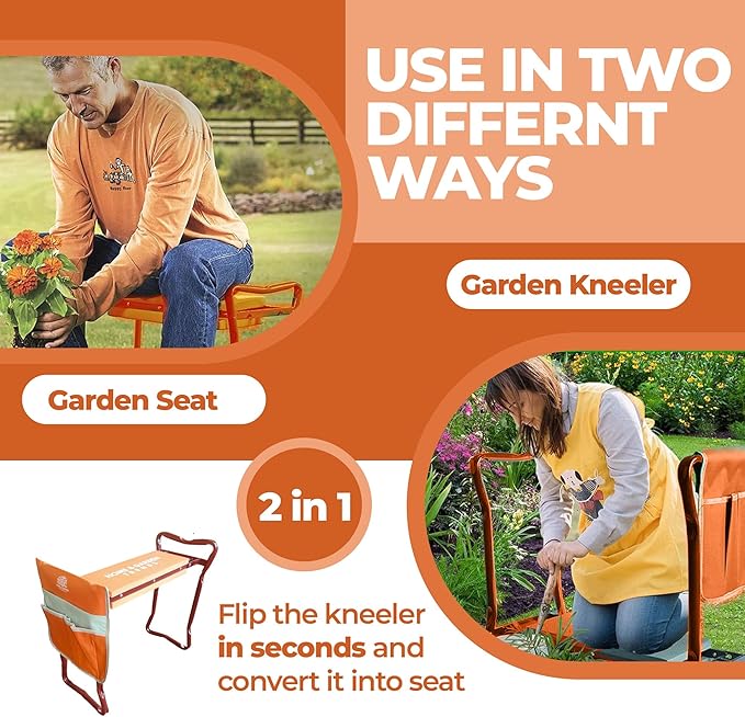 H> Garden Kneeler and Seat, Foldable Garden Stool Heavy Duty Gardening Bench for Kneeling and Sitting to Prevent Knee & Back Pain (Modern Kneeler 2023, Orange)