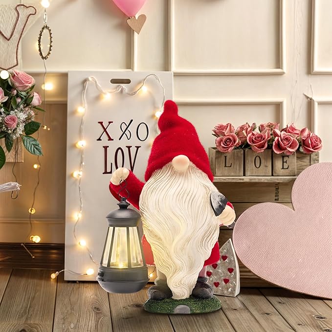 TERESA'S COLLECTIONS Valentines Gnomes for Outside, Resin Gnome Decorations with Solar Outdoor Lights for Garden Decor, Red Christmas Garden Sculptures & Statues for Patio, Gifts for Mom