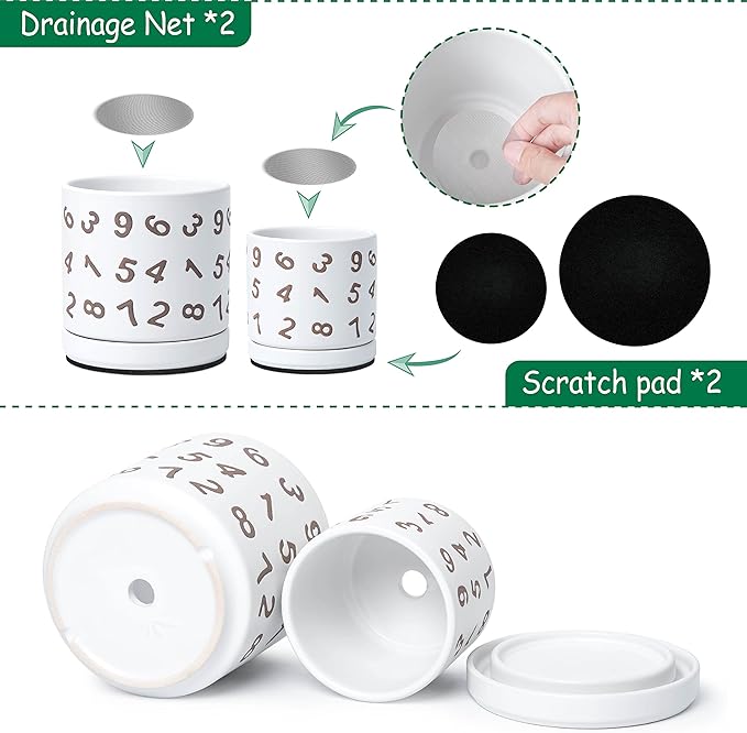 D'vine Dev Set of 2 Ceramic Planter Pots with Drainage Hole and Saucer, 4.5 Inch 6 Inch Plant Pots for Plants Indoor Houseplants, White, 99-B-1