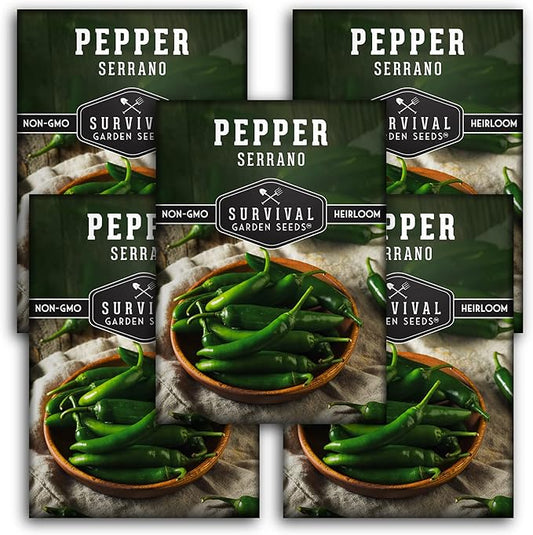 Survival Garden Seeds Serrano Pepper Seeds for Planting – 5 Packs with Instructions to Grow Spicy Mexican Peppers in Your Home Vegetable Garden – Non-GMO Heirloom Variety Seeds