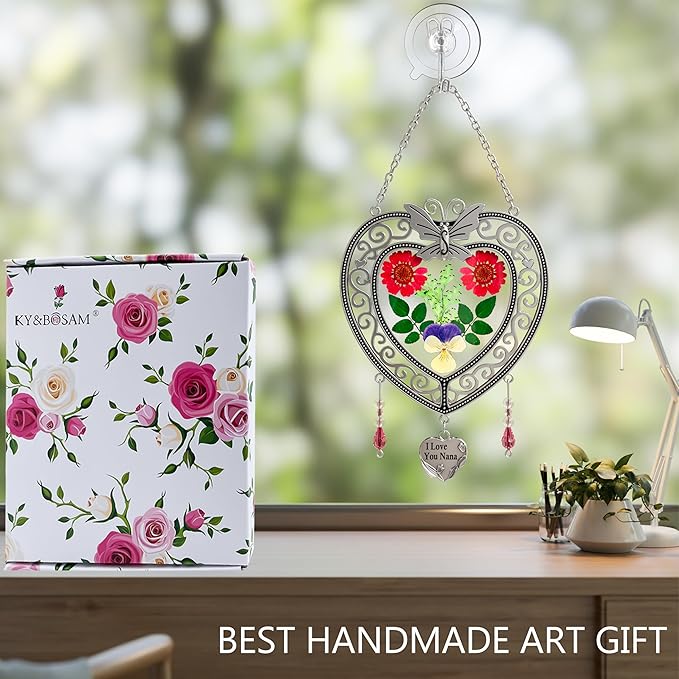 KY&BOSAM Heart Suncatchers I Love You Nana Tree of Life Stained Glass Panels Hangings for Windows Wind Chime Home Garden Outside Decor with Pressed Real Flower Heart in Glass Birthday Gifts for Women