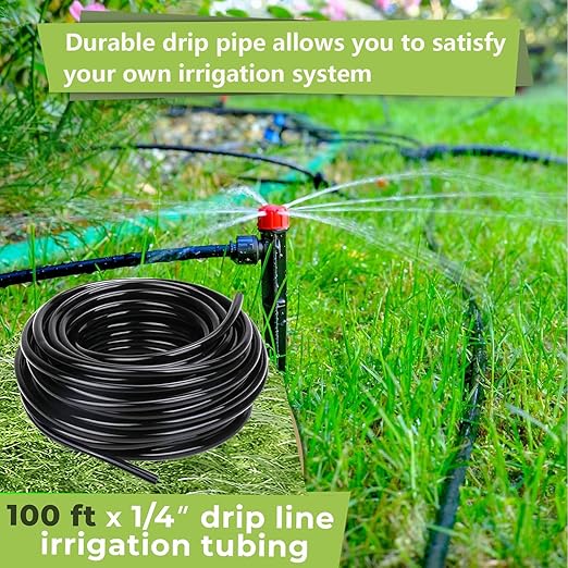 100 Foot (30 m) Drip Hose,1/4 Inch Blank Distribution Hose Drip Hose with 10 Packs of 1/4 "Drip Tee Connectors,Suitable for Quick Connector Irrigation Systems,Small Garden Irrigation Systems