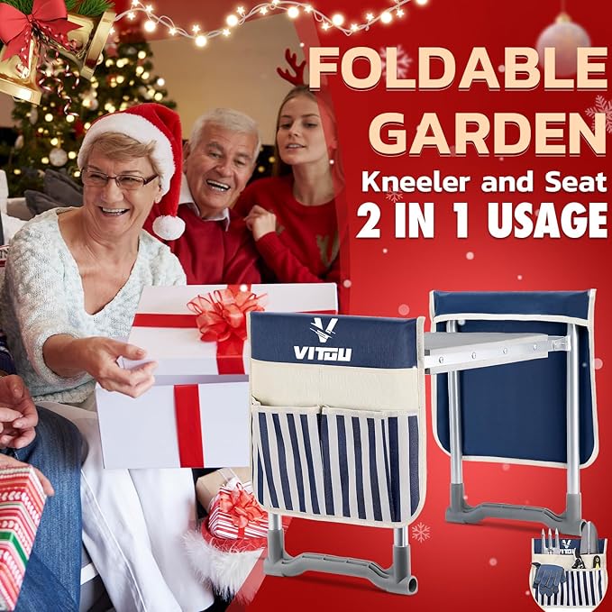 VITUU Garden Kneeler and Seat 2024 New Upgraded Heavy Duty Foldable Garden Stool Portable Garden Bench for Kneeling and Sitting with 2 Tool Pouches,Gardening Gifts for Women,Seniors,Parents