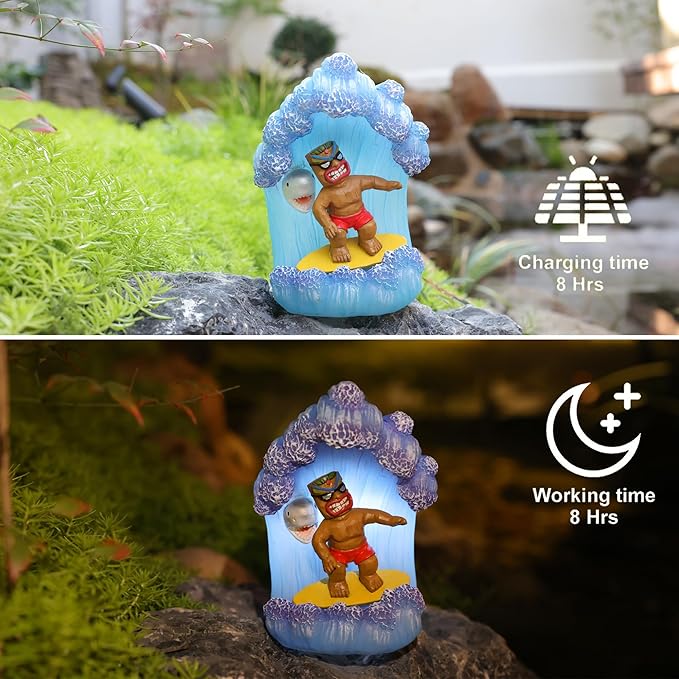 Solar Tiki Statue Decor-Garden Statue Outdoor Ornaments - Tiki Man Surfing Waterproof Decoration Figurine for Tiki Bar,Patio,Balcony,Yard,Lawn,Table