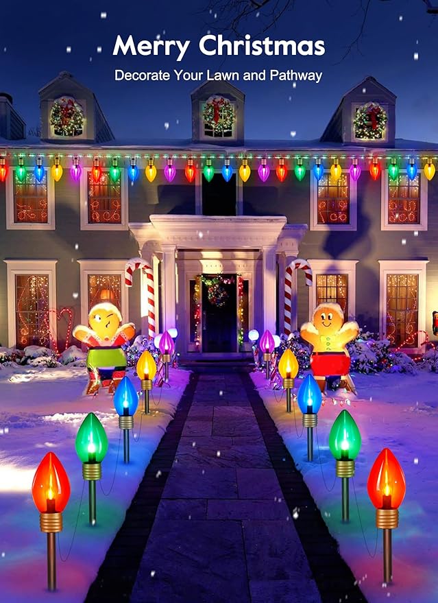 4 Pack Christmas Lights Jumbo C9 Outdoor Lawn Decorations with Pathway Marker Stakes, 10.5Ft C7 Lights Covered Jumbo Glitter Multicolor Bulb for Holiday Outside Yard Garden Decor