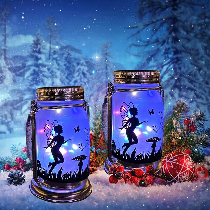4 Pack Solar Fairy Lights Decorations Garden-Solar Fairy Lantern Mason Jar Colorful Ornament Night Light-Ourdoor Gifts Hanging Lamp Frosted Glass Jar with Stake for Yard Garden Patio Lawn