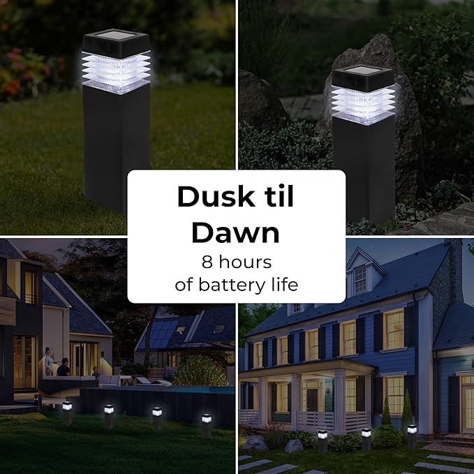 TECHKO Solar Small Bollard Rectangular Pathway Lights – 4-Pack, Dusk-to-Dawn, Weather-Resistant Outdoor LED Lighting