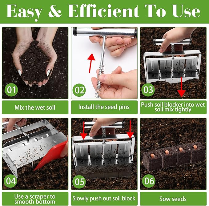 Stainless Steel Soil Blocker for Seed Starting, 4 Cell Blokers Make Tool 2-inch Standard Blocks Soil Block Maker with Scraper &Three Sizes Seed Pins