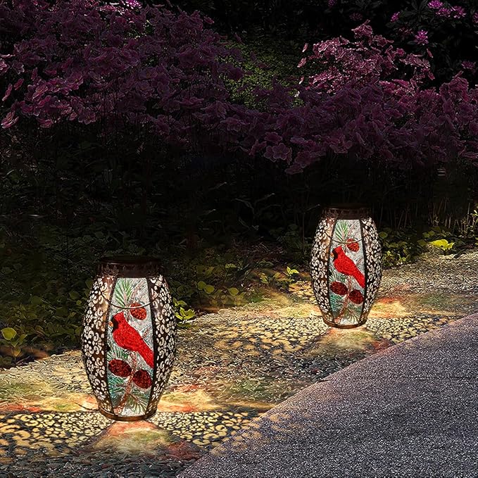 Solar Lanterns Outdoor Hanging Light - Cardinal Solar Powered LED Glass Lights Decorative Waterproof Tabletop Lamp with Hollowed-Out Design for Yard Table Patio Garden Pathway Holiday