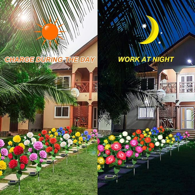 Solar Flower Lights Outdoor - Upgraded New Material Two Modes Realistic LED Solar Powered Waterproof Lights with 5 Roses, Solar Decorative Stake Lights for Garden (White, 2 Pack)