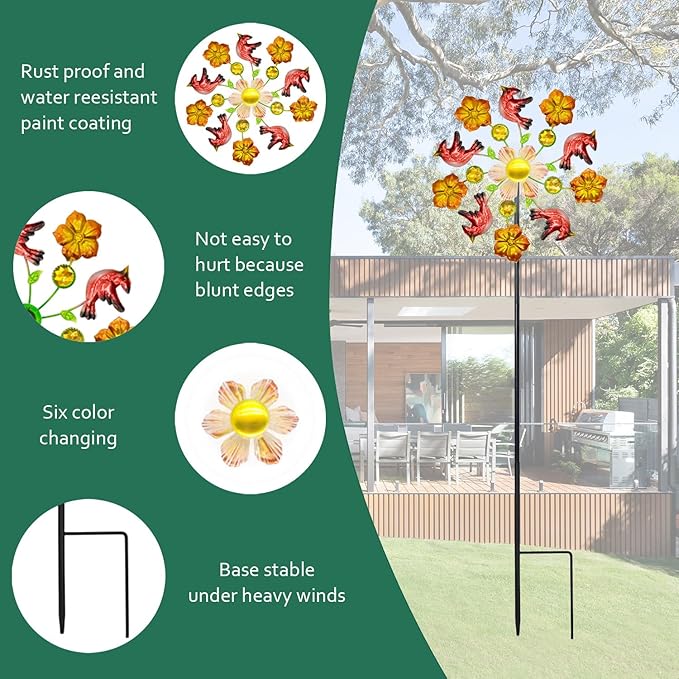 Solar Wind Spinners Outdoors for Yard and Garden - 40 Inch Metal Wind Sculpture, Outdoor Kinetic Windmill with Multi-Color Led Lights for Patio, Lawn & Garden Decoration (Magpie)