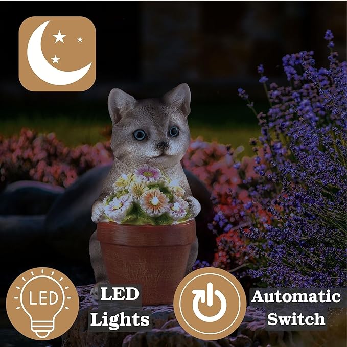 Muldale Cat Solar Light - Cat Garden Statue Outdoor - Solar Powered Cat Garden Decor for Outside - Hand Painted Floral Plant Pot Light Up Cat