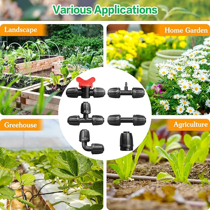 Drip Irrigation Fittings Kit for 1/2 Inch Tubing：1/2'' Drip Line Anti-Drop Barbed Locked Nut Connectors 18 Pieces Set Include 4 Couplings 4 Tees 2 Elbows 3 Valves 3 Reducing Tee 2 Plugs