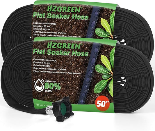 Flat Soaker Hose 50FT x 2 PACK,Drip Hose for Garden Beds Linkable Irrigation System Lightweight and Easy Watering for Tree Plant and Save 80% Water for You (100FT)