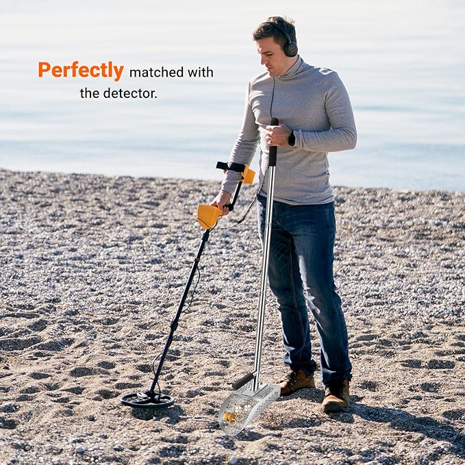 Long Handle Sand Scoop with Shovel for Metal Detecting, Metal Detector at Beach,Heavy Duty Stainless Steel Metal Detecting Tool,Treasure Finds Scoop, Digging Shovel Fast Sifting Shovel