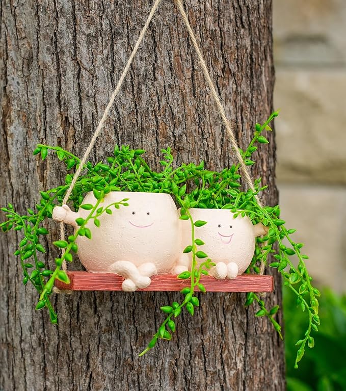 Cute Couple Swing Planter with Smiley Face,Couple Planter Pot,Hanging Swing face Pot,Hanging Plant Pot for Indoor Outdoor Plants, (Khaki)