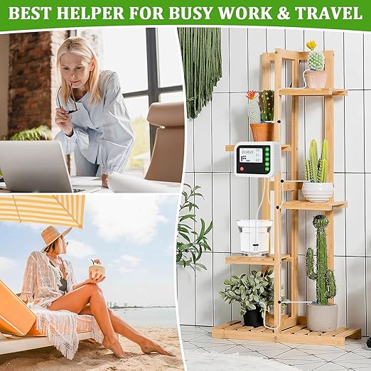 Automatic Plant Water Indoor, 15 Potted Plants Self Watering System, Automatic Drip Irrigation Kit Plant Watering Devices Programmable Water Timer, LED Display and Power Supply