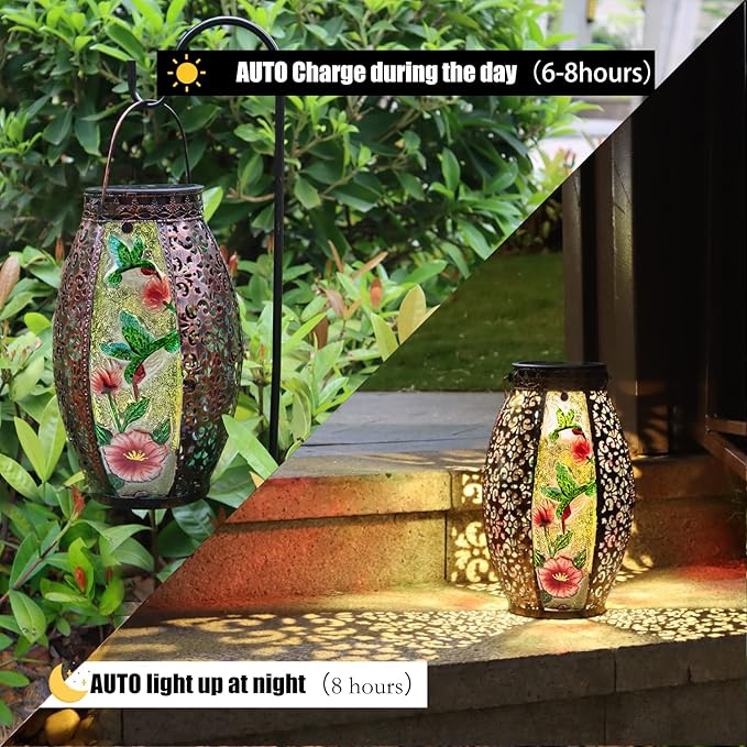 Outdoor Solar Lantern-Waterproof Hummingbird Hanging Metal Decorative Lights for Patio Table Garden Pathway Yard with Super Bright Warm White LED, Large Solar Panels, Auto On/Off