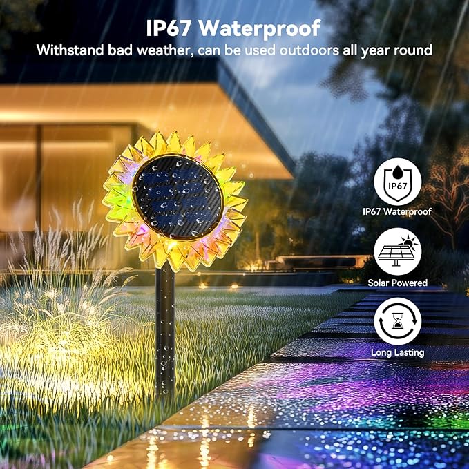 Outdoor Solar Lights, 4 Pack Upgraded Solar Sunflower Lights, Ground/Wall 2-in-1 Waterproof Solar Garden Lights for Yard, Landscape, Fence, Path, Patio, Driveway, Backyard Decor (Colourful)