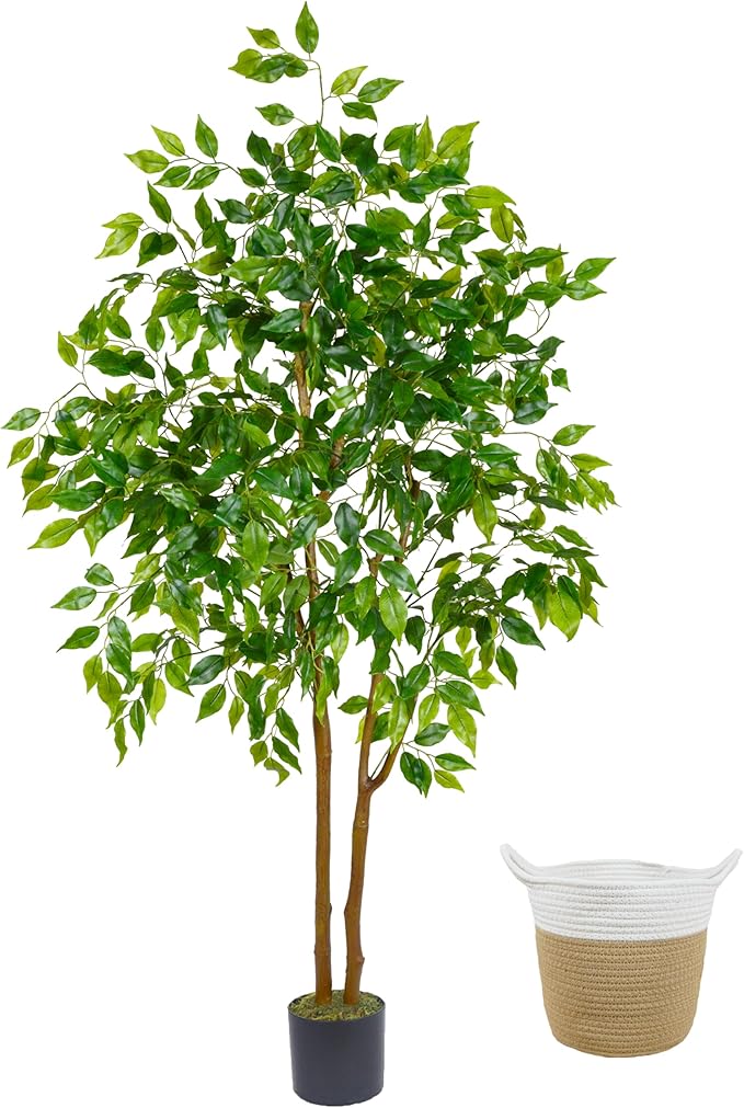 Artificial Ficus Tree, 5ft Tall Fake Ficus Tree with Basket, Faux Plant for Indoor Outdoor Home Livingroom Office Garden Porch Décor