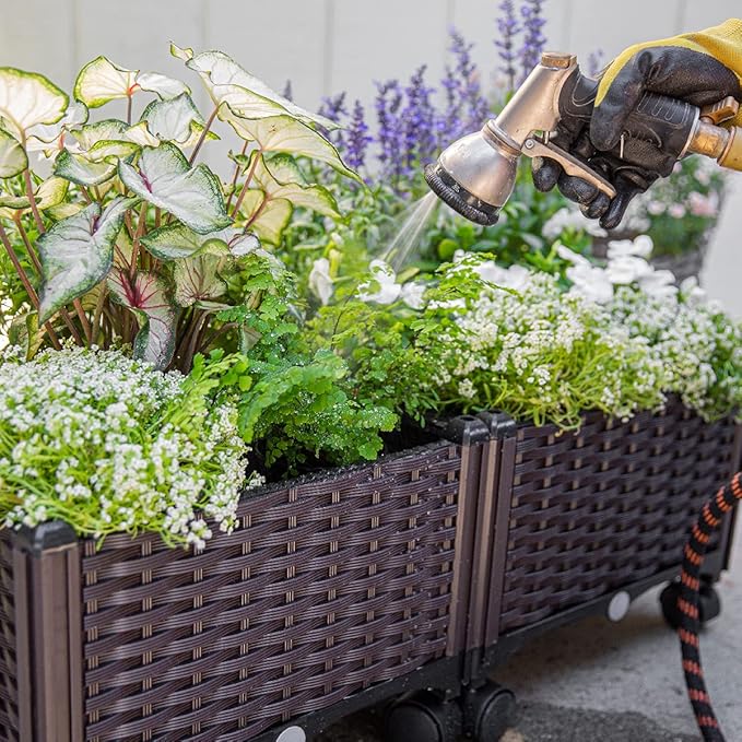 Barton 2 Pieces Rolling Garden Bed Brown Plastic w/Self-Watering Design Outdoor Elevated Planter Box Kit Wheels Mobile