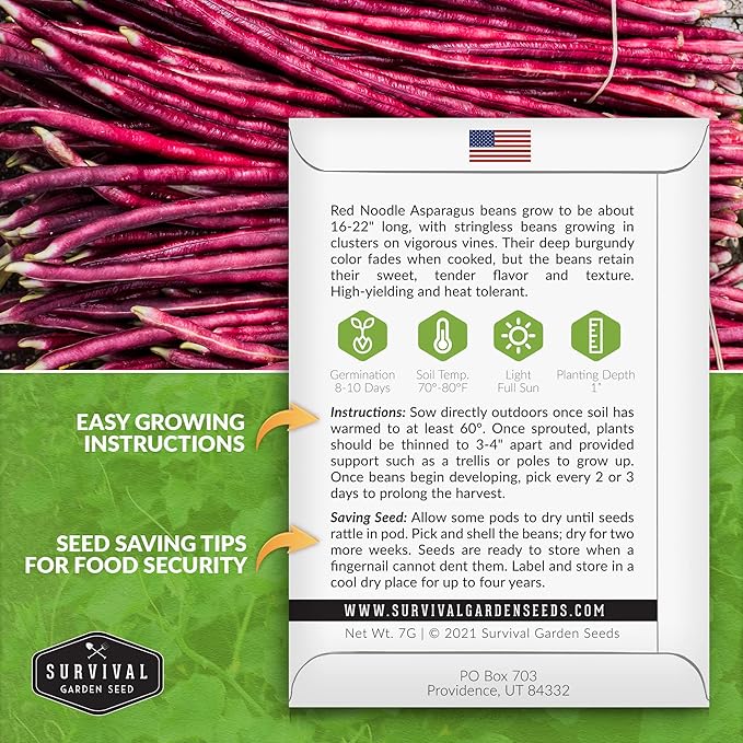 Survival Garden Seeds - Red Noodle Asparagus Bean Seed for Planting - 3 Packs with Instructions to Plant and Extremely Long Stringless Beans in Your Home Vegetable Garden - Non-GMO Heirloom Variety