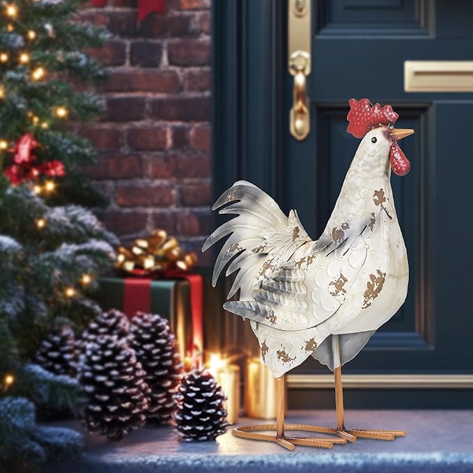 TERESA'S Collections Farmhouse Metal Rooster Garden Statues Decor, 15 Inch Rustic Outdoor Chicken Sculpture Figurines Yard Art for Farm Patio Lawn Kitchen Decorations,Spring Decor, Gift for Mom