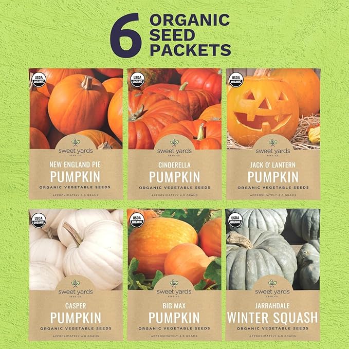 Organic Pumpkin Seeds Variety Pack - 6 Individual Packs - 2025 Season - Jack O' Lantern, Cinderella, Big Max and More! for Indoor & Outdoor Planting (Non-GMO, Certified Organic)