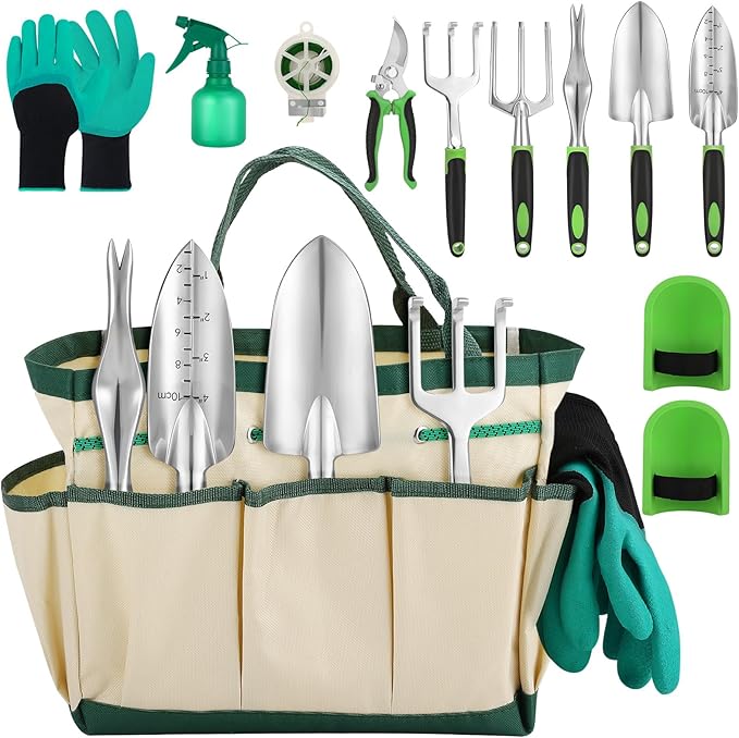 Garden Tool Set, 11 Piece Stainless Steel Heavy Duty Gardening Supplies with Green Black Handle Outdoor Weeding Gifts for Women