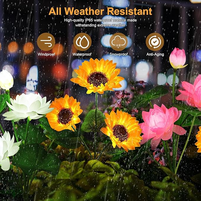 Solar Flower Lights - 4 Pack Outdoor Waterproof Sun Powered Lotus Sunflowers Landscape Decorative Glowing Lights for Yard, Lawn, Patio, Pathway
