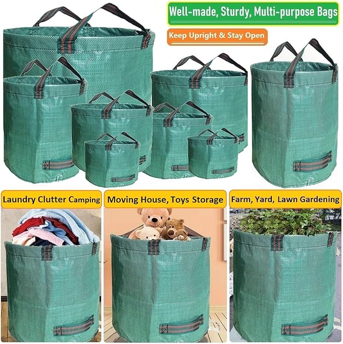 Standard 3-Pack 32 Gallons Garden Yard Bags (D18, H30 inches) with Coated Gardening Gloves Reusable Leaf Bags Standable Gardening Plant Trimming Bags Trash Containers Lawn Yard Waste Bags 4 Handles