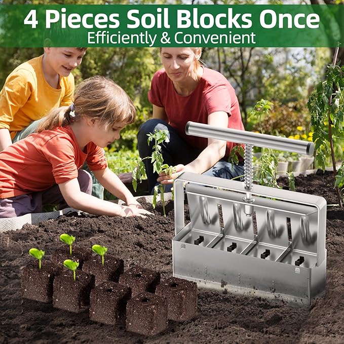 Soil Blocker 2 Inch 4 Cell Upgraded Soil Block Maker Heavy Duty with Comfortable Handle and 3 Sizes Seed Pins Handheld Soil Blocking Tool for Seed Starting transplanting Germination