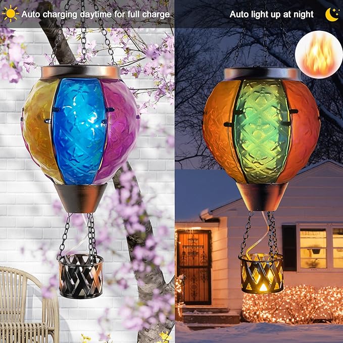 Solar Hot Air Balloon Lantern with Flickering Flame, Hanging Solar Lantern Garden Lights Glass Outdoor Waterproof Candle LED Lights for Garden/Yard/Patio Decor Mother's Day Gifts (Colorful)