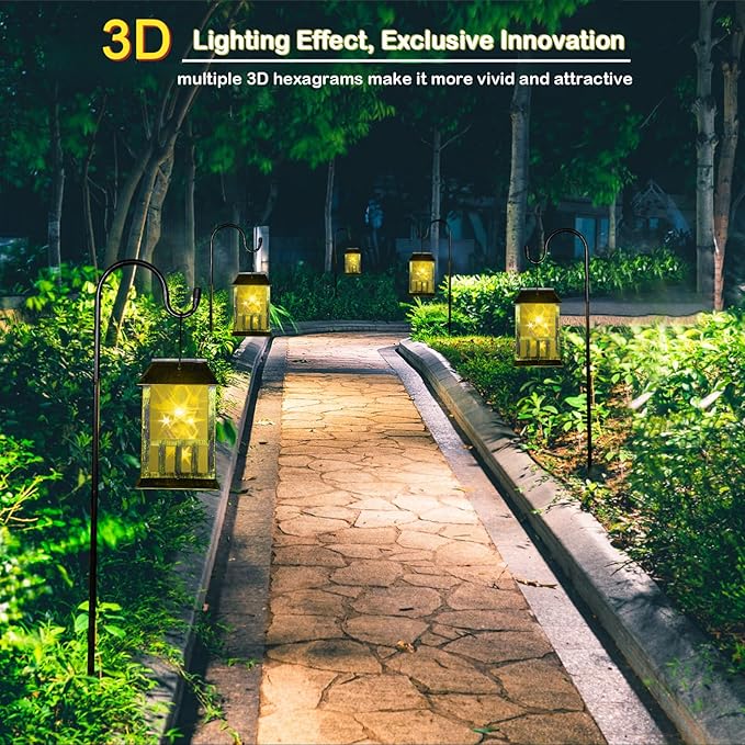 Solar Lanterns Outdoor Waterproof, Pathway Lights with 3D Lighting Effect, Solar & USB C Charging, Metal Garden Decor Hanging Lights for Landscape Yard Patio Lawn Driveway, Warm Light 1 Pack