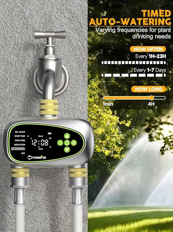 2 Zone Sprinkler Timer with Brass Inlet and Outlet - Water Timer for Garden Hose with Rain Delay/Manual Watering/Automatic Drip Irrigation Controller System for Garden Watering