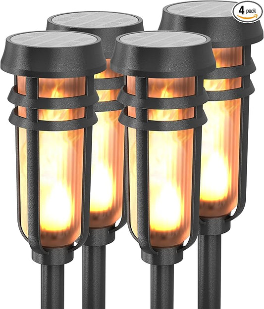 Metal Solar Torch - Adjustable Height (24" - 50"), Outdoor Lights with Flickering Flame, Waterproof Solar Powered Lights, Flame Torches for Patio, Pathway, Yard Decor, Matte Black (4-Pack)