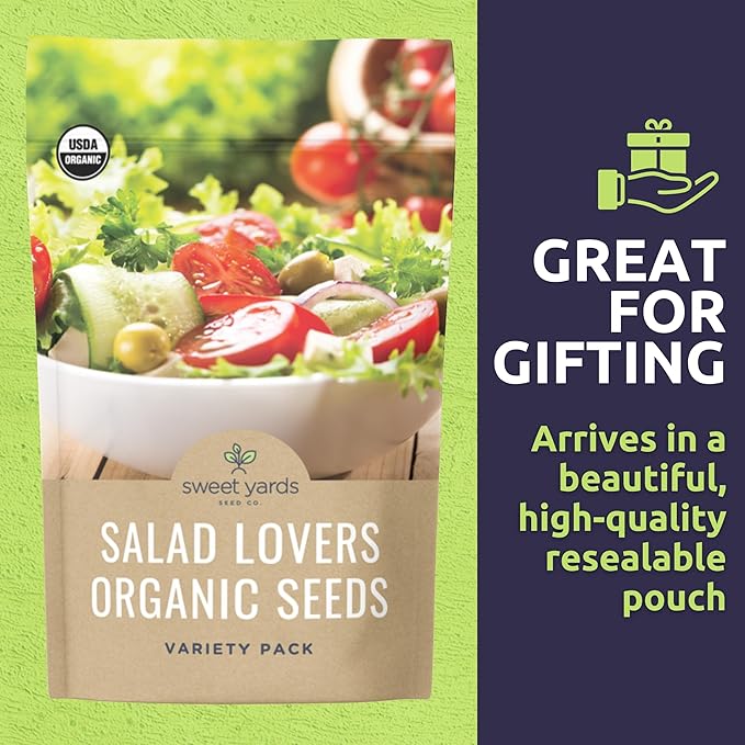 Organic Salad Lover Seeds Variety Pack - 10 Individual Packs - 2025 Season - Yellow Pear Tomato, Buttercrunch Lettuce and More! for Indoor & Outdoor Planting (Non-GMO, Certified Organic)