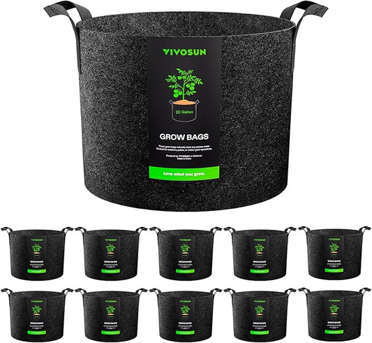 VIVOSUN 10-Pack 20 Gallon Grow Bags, Reinforced Planter Fabric Pots for Gardening Black