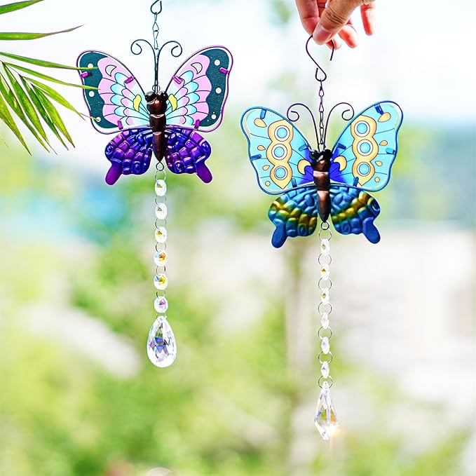 Set 2 Metal Butterfly Suncatchers for Windows - 14" Outdoor Fence Wall Art Decor, Rainbow Prisms Sun Catchers with Crystals Hanging for Home Garden Ornament