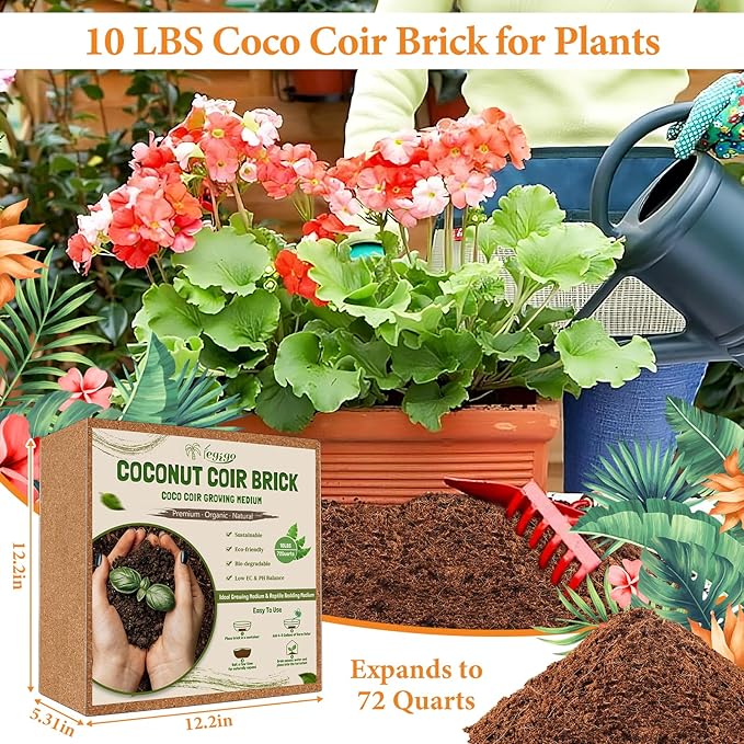 Legigo 10LBS Organic Coco Coir Brick for Plants- 100% Natural Compressed Coconut Coir Brick with Low EC & pH Balance, Coco Coir Fiber Grow Medium Potting Soil for Herbs, Flowers, Plants and Reptile