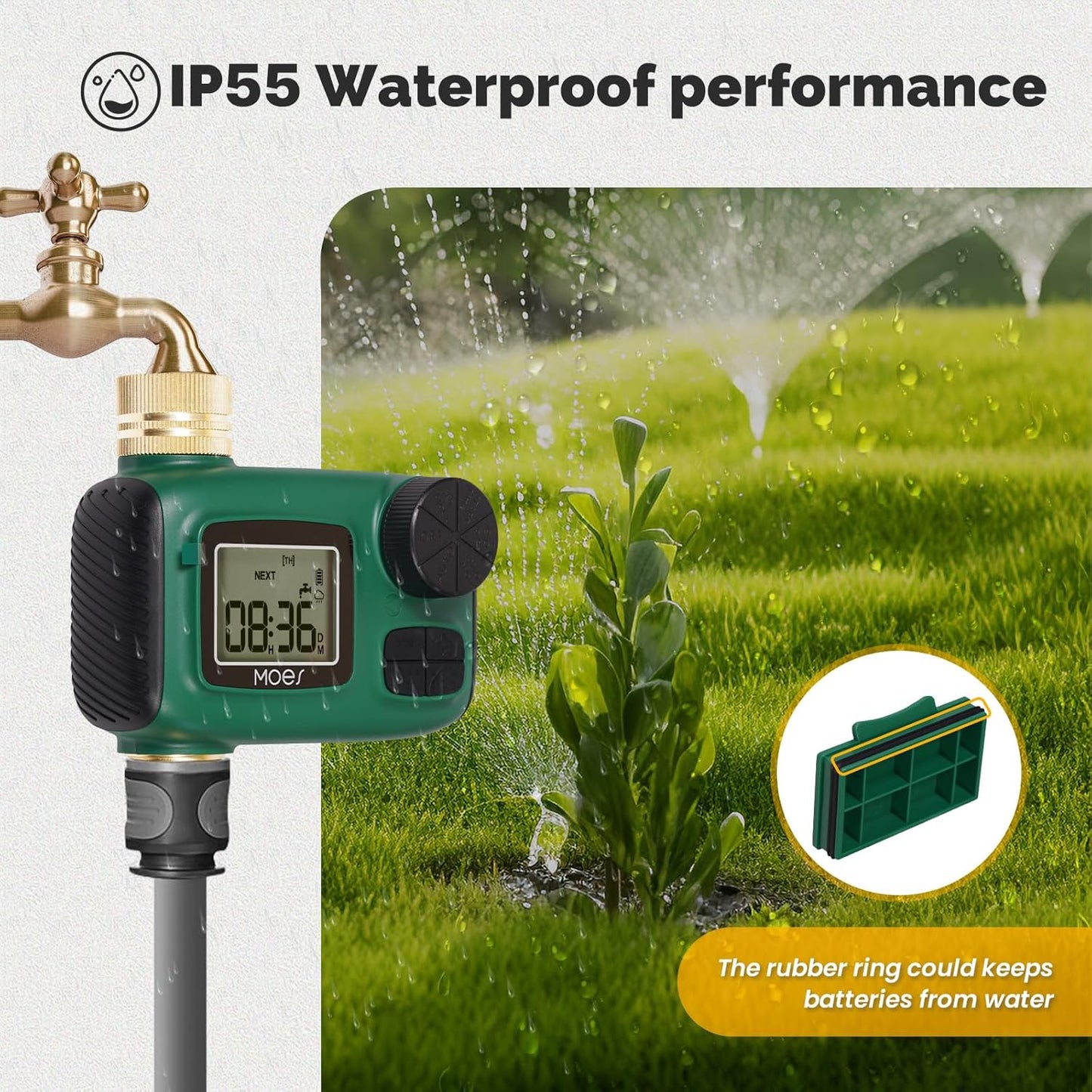 MOES Sprinkler Timer, Brass Inlet & Outlet, Programmable Automatic Irrigation Controller, Rain Delay, Manual Watering, 1 Zone Water Hose Timers for Gardens, Lawns, and Hose Systems