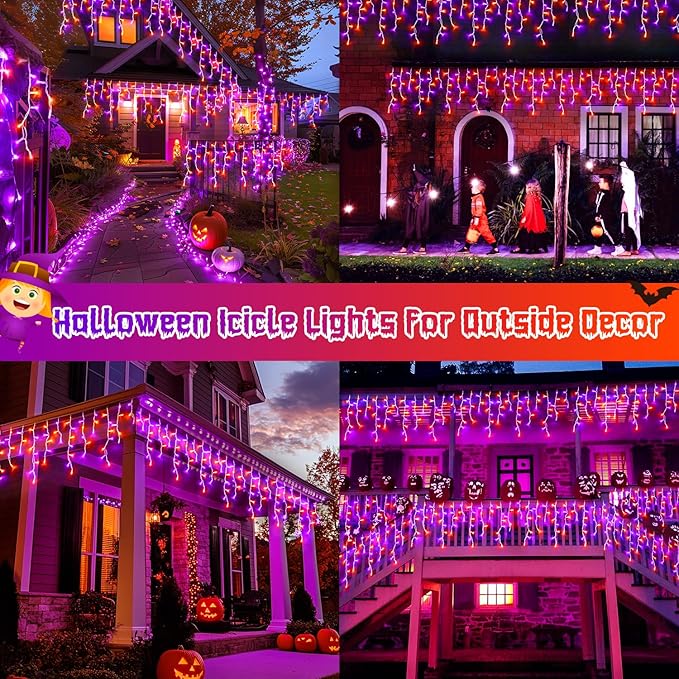JMEXSUSS 400 LED Halloween Decor Orange and Purple Lights Outdoor, 8 Modes Orange Icicle Lights Indoor Outdoor Waterproof with Remote,Orange Halloween String Lights Plug in for Halloween Party Holiday