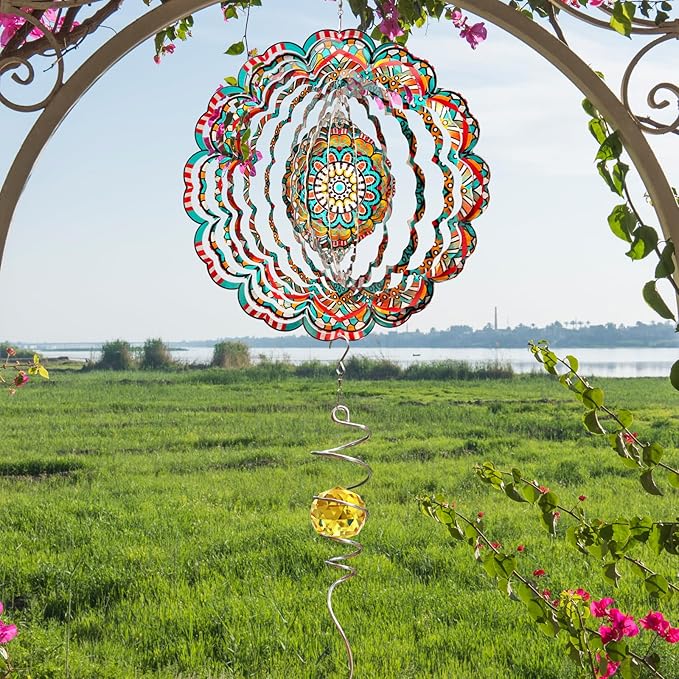 Wind Spinner Lucky Star Mandala Wind Spinners for Garden Yard Hanging Wind Sculptures Create Zen Atmosphere. Kinetic Metal Art Decoration Indoor/Outdoor Decor Mandala Gift for Mom Wife Woman