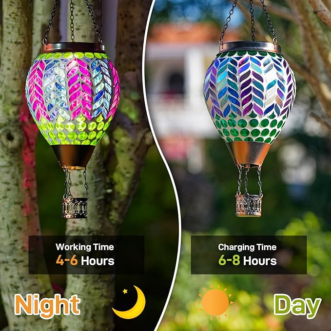 Mosaic Hot Air Balloon Solar Lanterns Outdoor Waterproof, Colorful Glass Solar Hanging Lantern Lights for Garden Patio Yard Gifts for Women Mom Grandma
