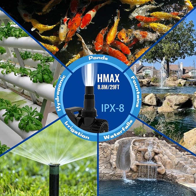 Outdoor Extra Large 11800gph-850W 32.8FT Pond Water-fall & Kio Fish Fountain-s& Garden Pump Submersible IPX8: Long 32.8FT Cord Smart-er&Quieter Duck&Yard&Patio Ponds Pumps,1 Barrier Pump Bag